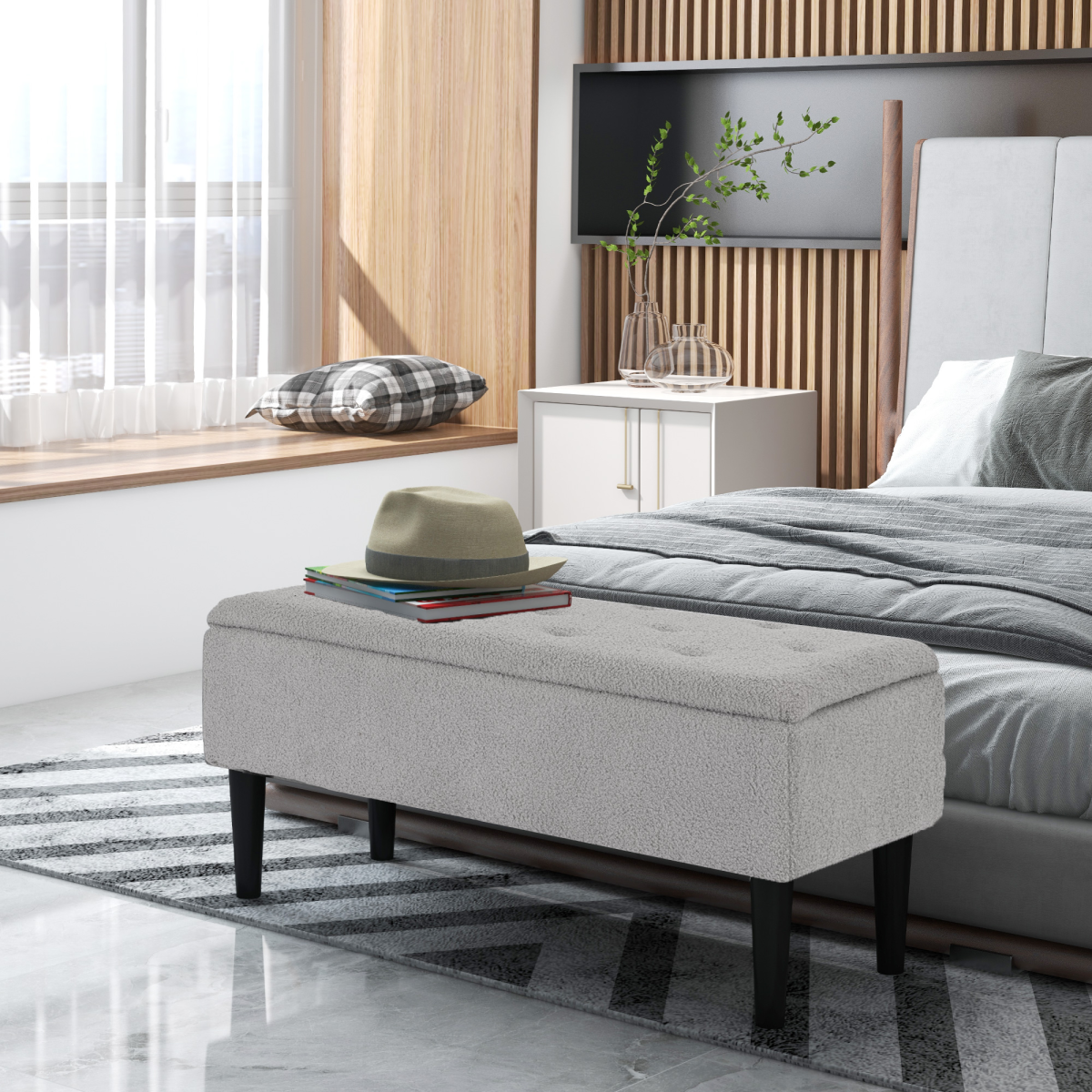 HOMCOM 15" Ottoman Storage Box with Wooden Legs and 47L Storage Capacity, Grey