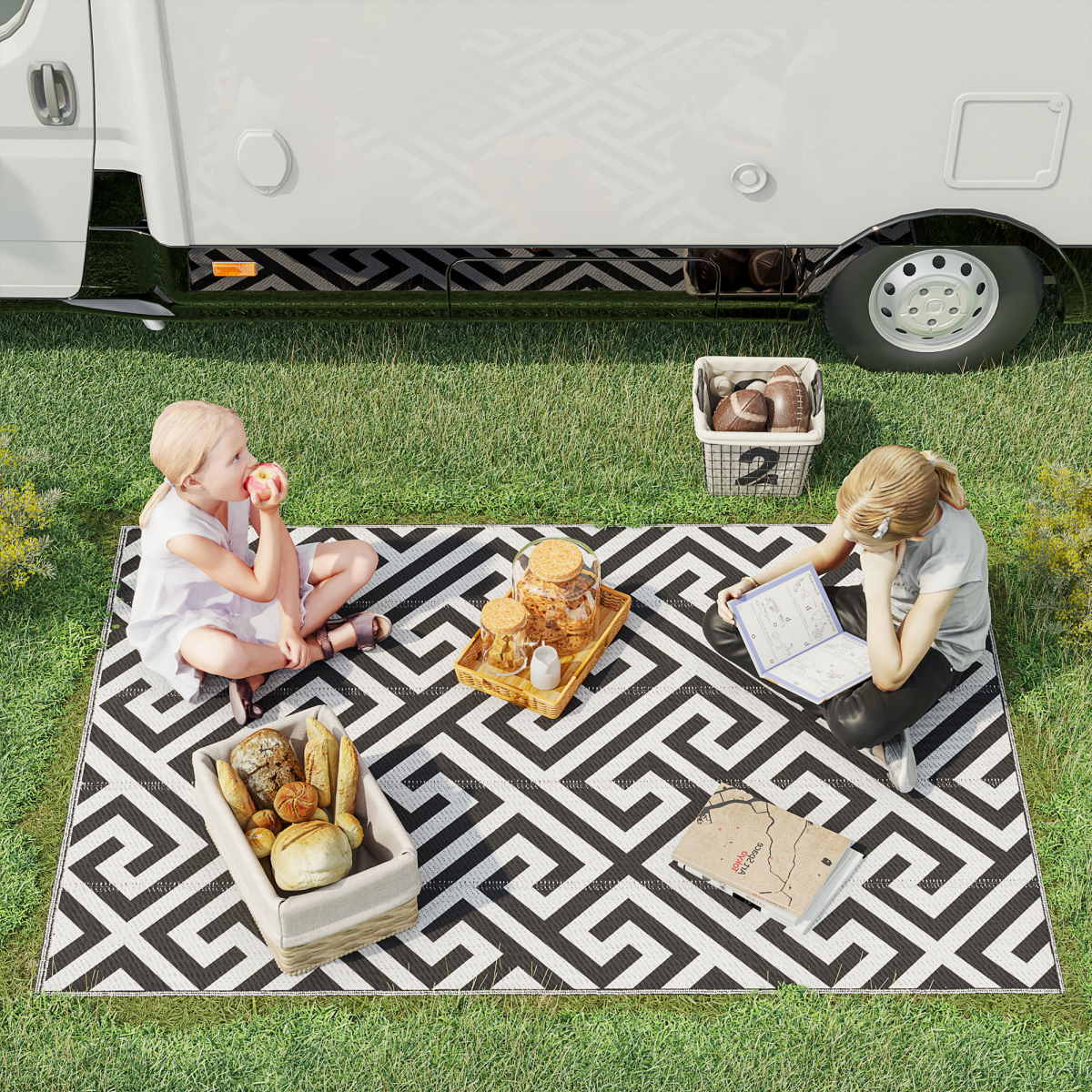 121x182cm Reversible Outdoor Rug Portable Plastic Straw RV  Outsunny