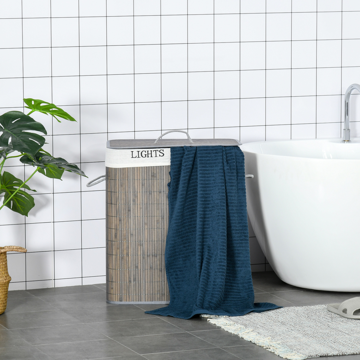 100L Bamboo Laundry Basket with Flip Lid Foldable, Grey Lining,